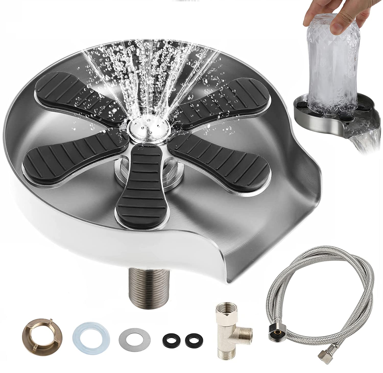 DOSYEN Glass Rinser for Kitchen Sink, Stainless Steel Washer, Automatic Cleaner Water Bottle and Coffee Cup, Sink Accessories, Celaning Tool Home Restaurant Bar, Black (SCXBQ001)