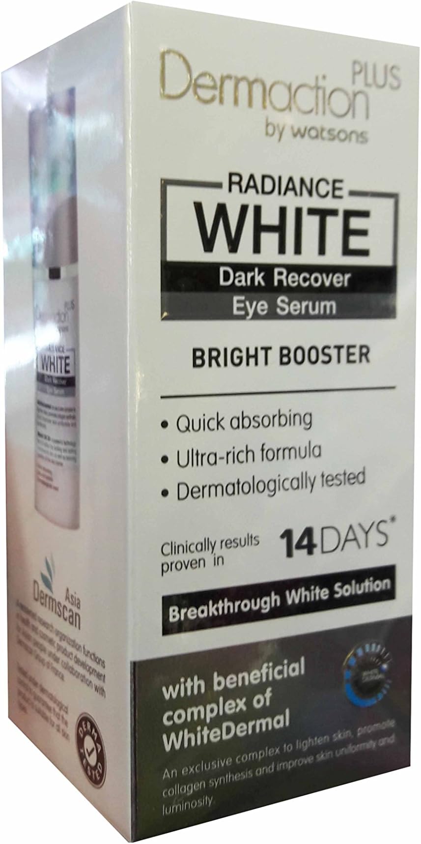 2 Packs of Dermaction Plus by Watsons Radiance White Dark Recover Eye Serum. Bright Booster, Quick absorbing, Ultra-rich formula, Dermatologically tested. (20 ml/ pack)..