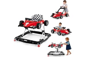 INFANS 4 in 1 Baby Walker, Foldable Toddler Activity Center with Adjustable Height, Padded Seat, Music, Light, Removable Tray, Push Walker for Girls Boys Aged 6-18 Months (Red)