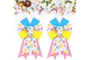 HEUREPPY 2pcs Easter Wreath Bows Easter Decor Bow Easter Egg Yellow Blue Pink Burlap Bows for Wreaths, Easter Ribbon Bows Tree Topper Bows for Easter Day Home Indoor Outdoor Decoration Wreath Ornament Supplies