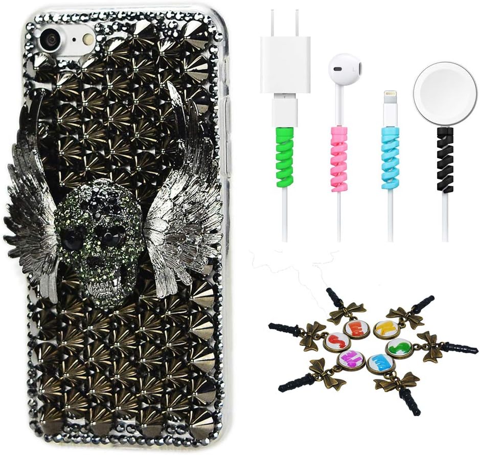 STENES Bling Case Compatible iPhone 11 Pro - Stylish - 3D Handmade [Sparkle Series] Punk Rivet Wing Skull Design Cover with Cable Protector [4 Pack] - Black
