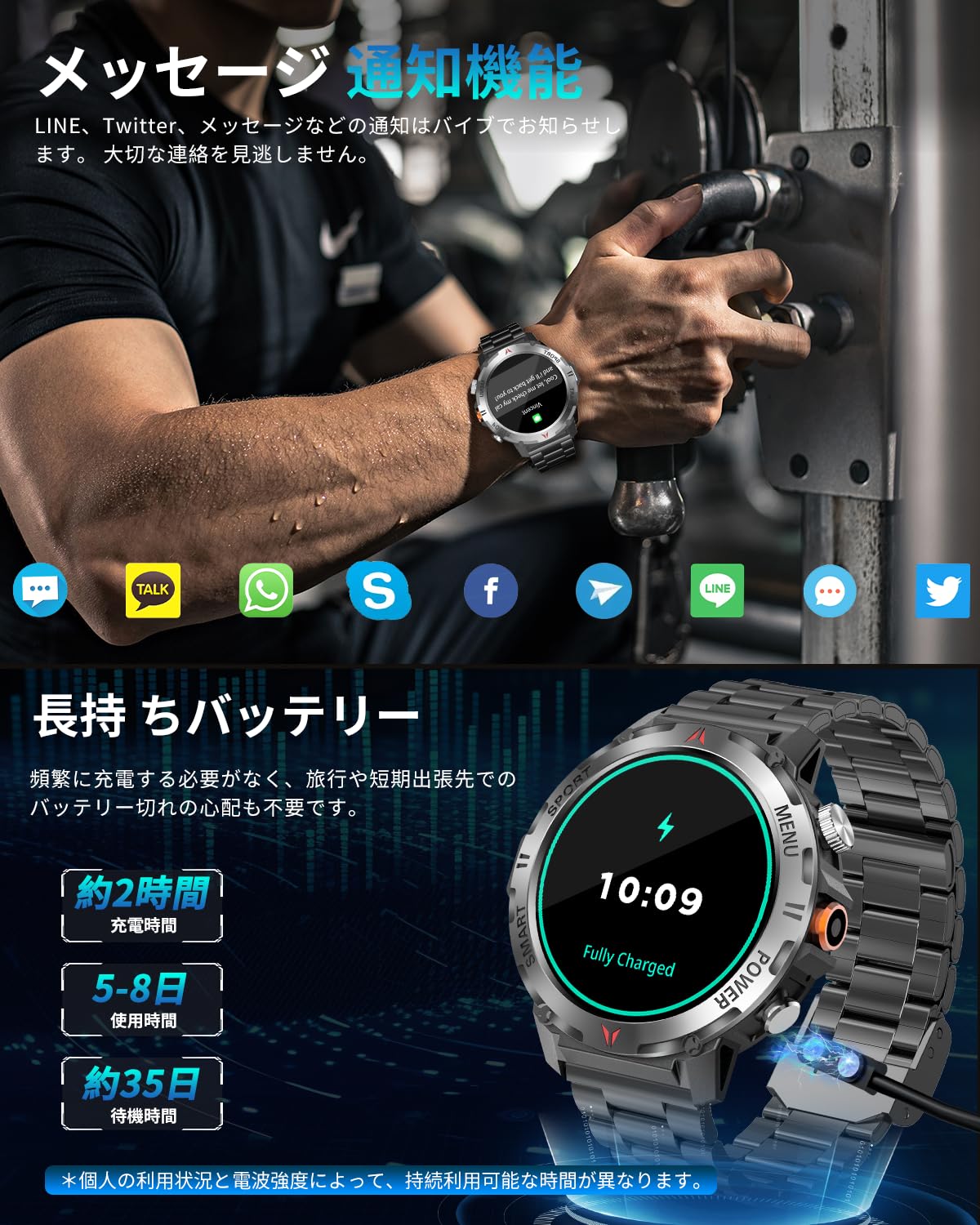 Smart Watch (2025 Summer Release, Military Specifications, 2 Types of Bands), Bluetooth 5.3 Calls, Line/Message Notifications, 100+ Exercise Modes, GPS Movement Recording, Dustproof, Waterproof