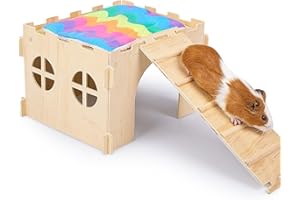 Bienbee Guinea Pig Hideout, 3pcs Wodden Hamster Hideout Set, Large Spacious 1pc Rabbit House with Stairs, Soft Rabbit Hideout with 1pc Cushion for Guinea pig, Chinchilla, Hamsters, Bunny