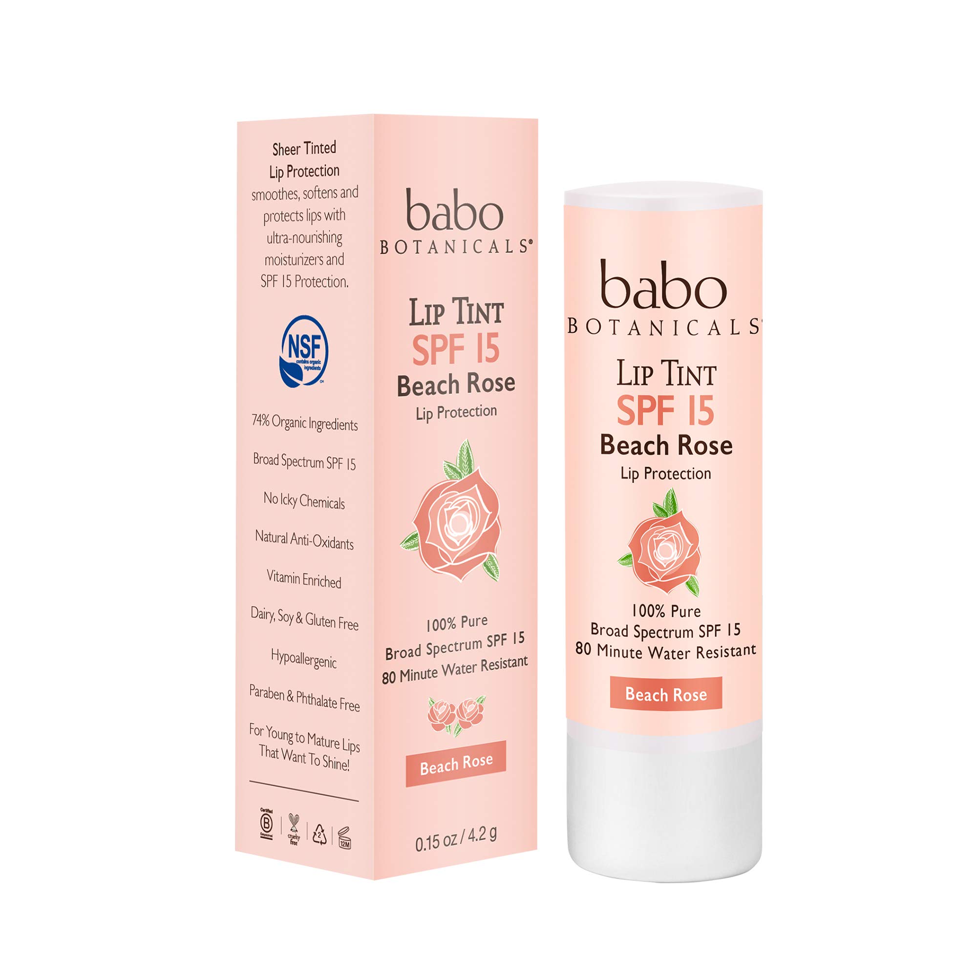Babo Botanicals 70+% Organic Tinted Mineral Lip Conditioner SPF 15, Water-Resistant Lip Balm, Beach Rose - 0.15 oz.