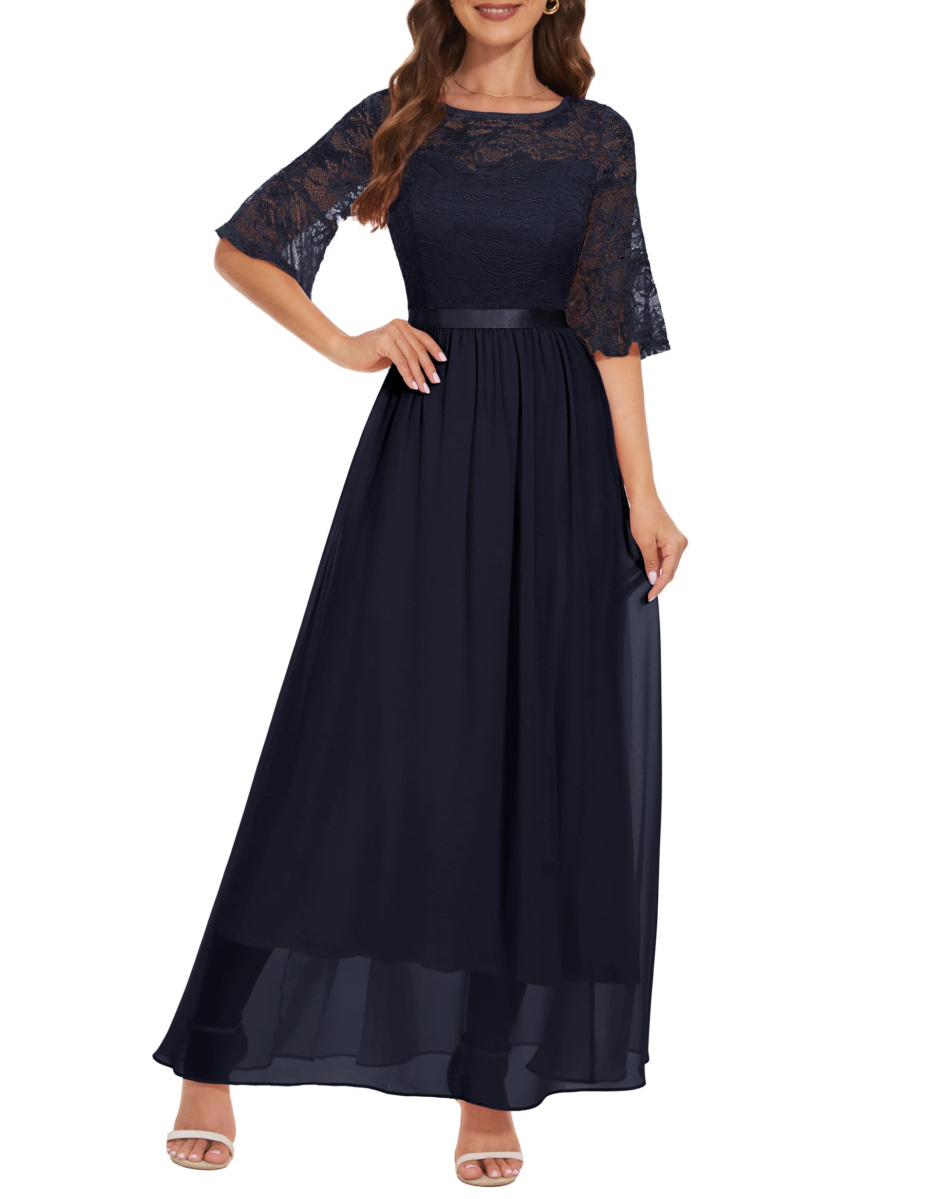Photo 1 of Wedtrend Women's Gowns and Evening Dresses, Long Cocktail Dress Flared Sleeve Special Occasion Dress Floral Chiffon Bridesmaid Dress WT0314NavyL
