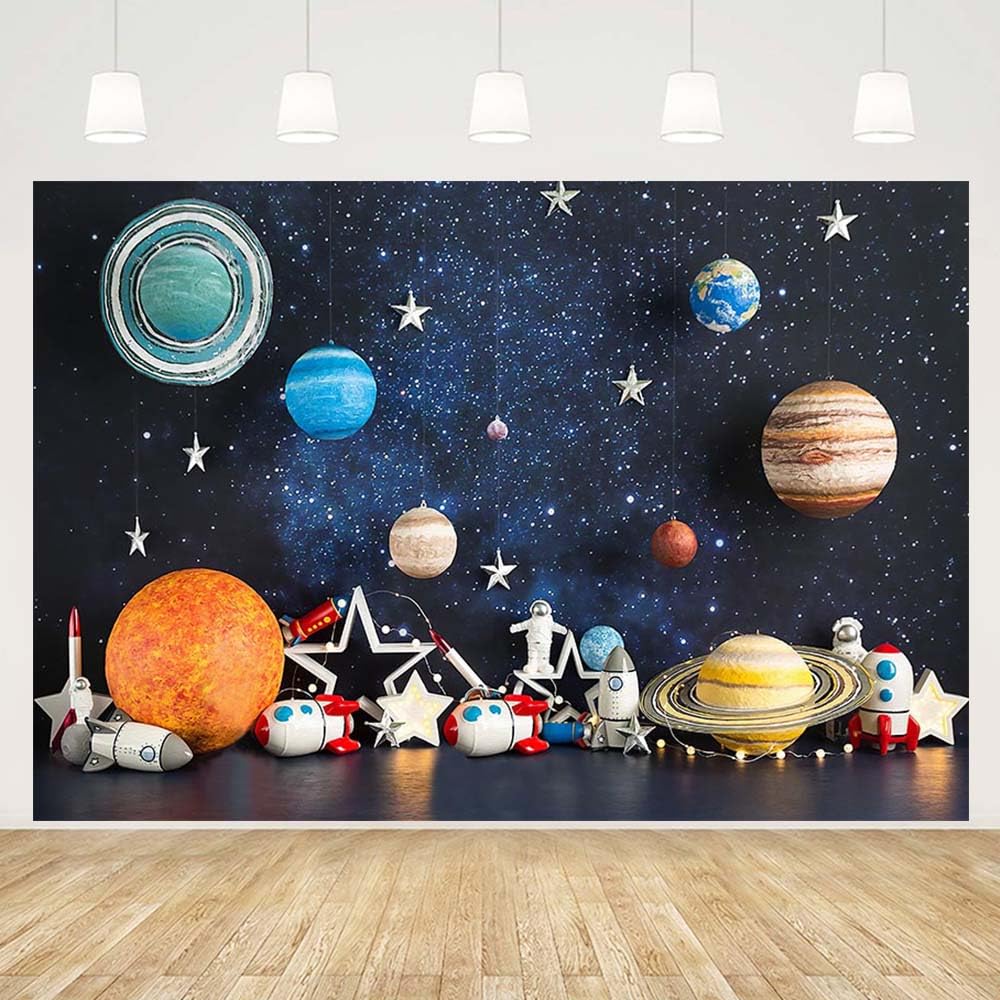 MEHOFOND 7x5ft Outer Space Photography Background Boy Birthday Baby Shower Sci-Fi Universe Spaceship Astronaut Backdrops for Photo Studio Photo Shoot Cake Table Decoration Banner