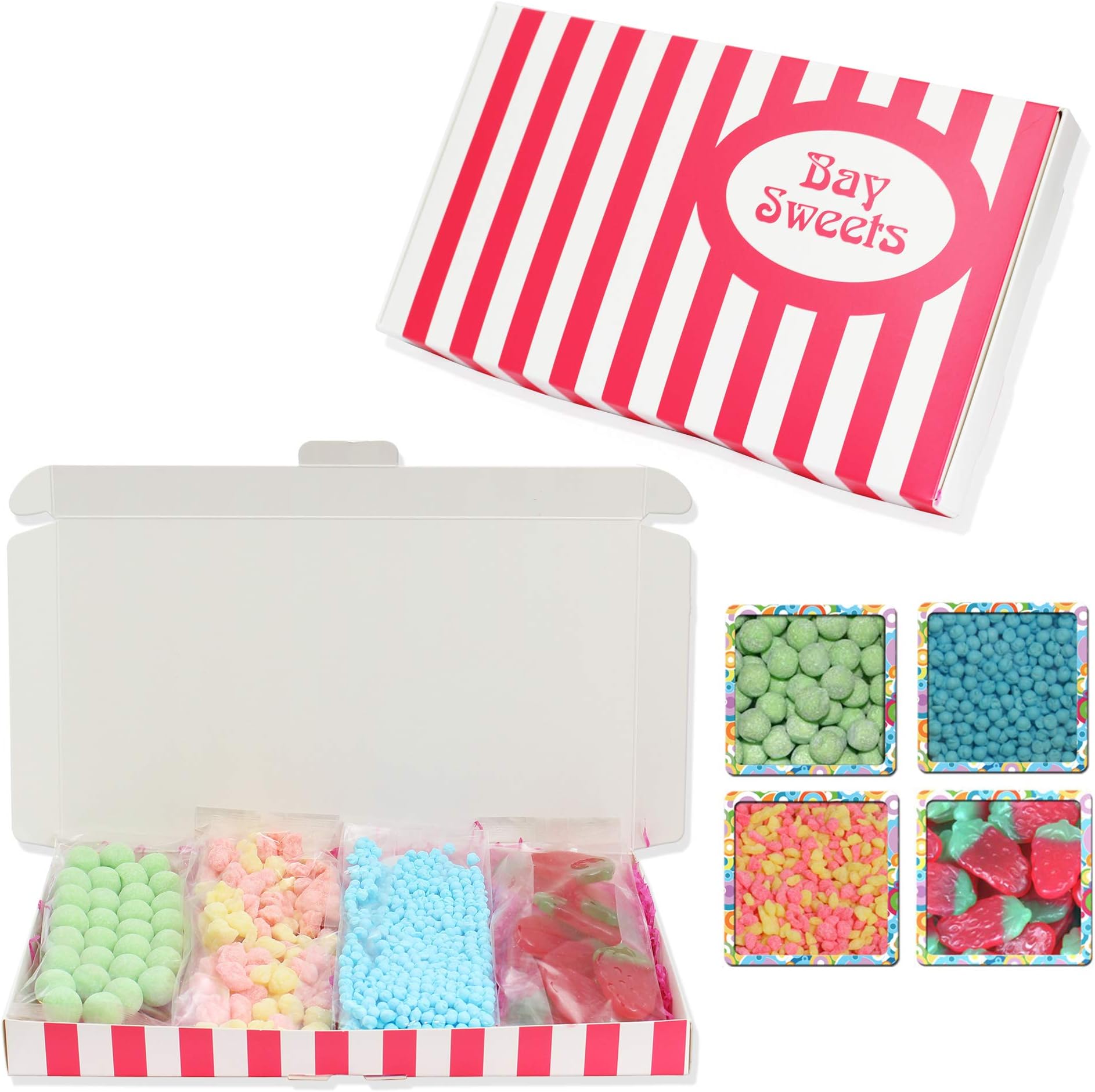 Gift Sweets - Vegetarian - 125g Bubblegum Millions, 125g Sherbet Pips, 125g Apple Bonbons, 125g Giant Strawbs