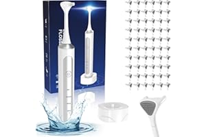 LVONGE Electric Flosser with 4 Speeds + 60 Replacement Heads - Vibration Flosser, Rechargeable, Tongue Scraper/Cleaner, Power Flosser for Adults & Kids, Electric Dental Floss with Wireless Charging Base