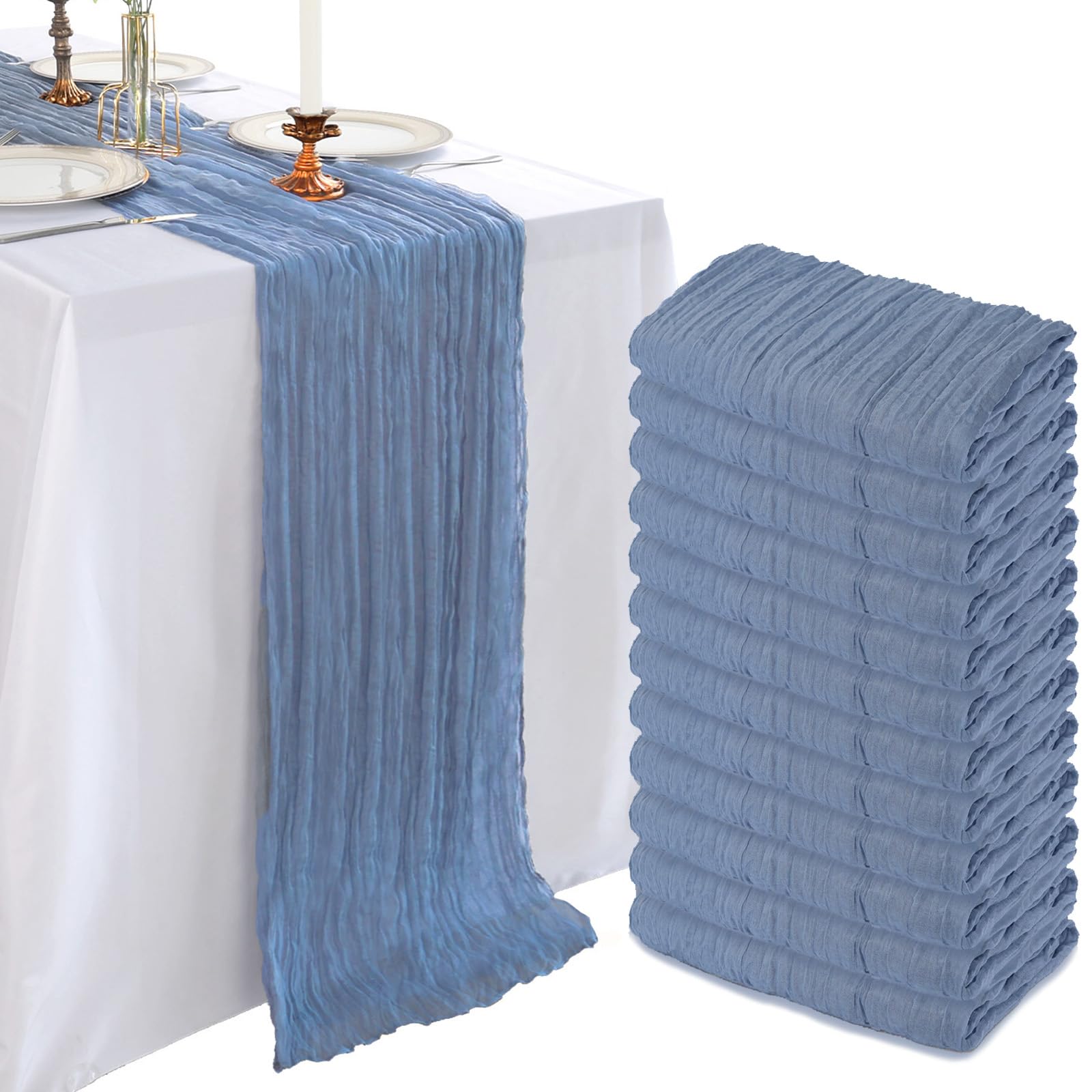 Photo 1 of 12 Pack 10FT Dusty Blue Cheesecloth Table Runner 120 Inch Long Gauze Rustic Boho Cheese Cloth Table Runner Sheer Fabric for Wedding Party Birthday Bridal Baby Shower Centerpiece Home Decor