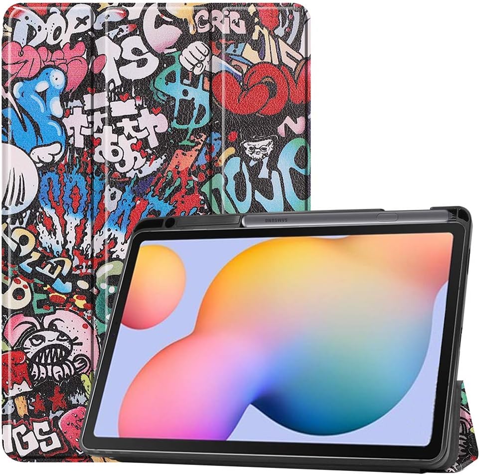 ESSTORE-EU Case for Samsung Galaxy Tab S6 Lite 10.4 Inch 2020 (Model SM-P610/P615), Slim Tri-Fold Stand Shockproof Smart Cover with [Auto Sleep/Wake] [S Pen Holder], Graffiti