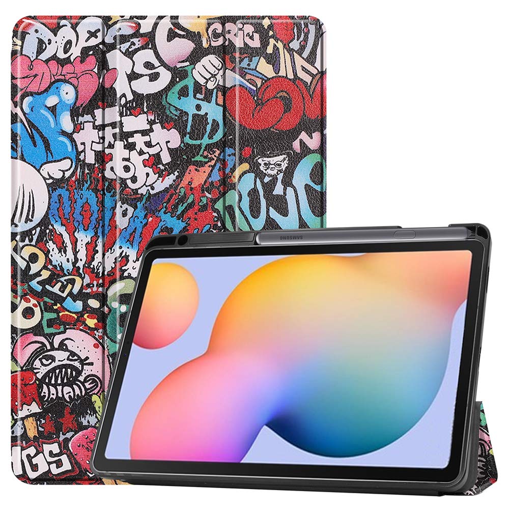ESSTORE-EU Case for Samsung Galaxy Tab S6 Lite 10.4 Inch 2020 (Model SM-P610/P615), Slim Tri-Fold Stand Shockproof Smart Cover with [Auto Sleep/Wake] [S Pen Holder], Graffiti