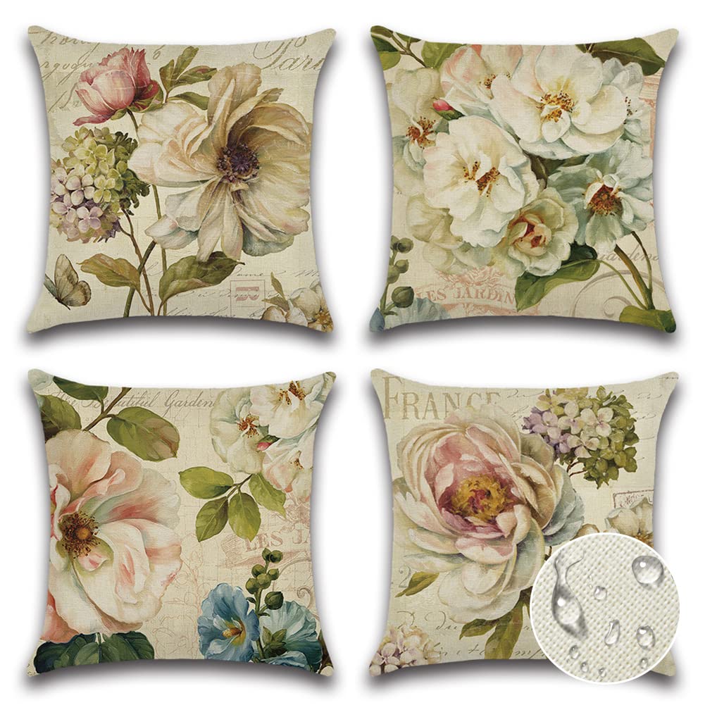 JOTOM Outdoor Waterproof Cushion Covers 45x45 cm Floral Decorative Throw Pillow Covers Outdoor Cushions Patio Garden Pillow Cases for Bench Sofa Living Room Indoor Decoration Set of 4 (White Flowers)