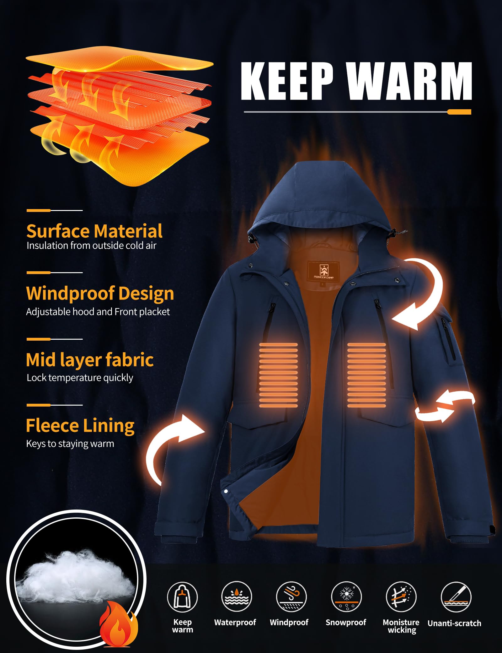 Pioneer Camp Herren Winterjacke Wasserdicht Wintermantel Herren Warm Fleece GefüTtert Winddicht Parka Herren Winter Mit 9 Taschen MäNner Outdoor Softshelljacke Mit Kapuze Navy Blau L 2