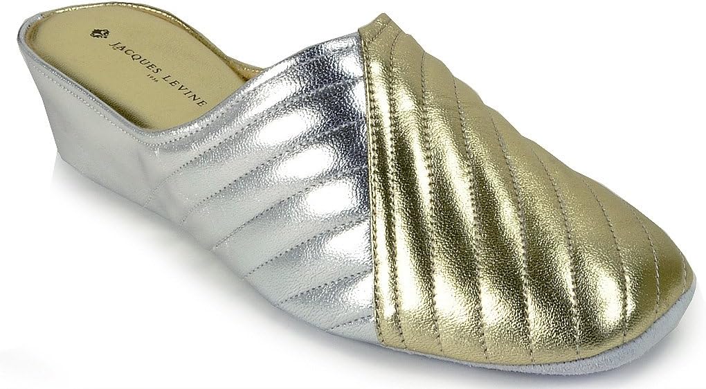 Jacques Levine #1221 Womens Leather Wedge Slipper 7.5M,Gold/Silver