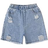Hilinker Girls Ripped Jean Shorts Raw Hem Elastic Waist Cute Summer Denim Shorts with Pockets