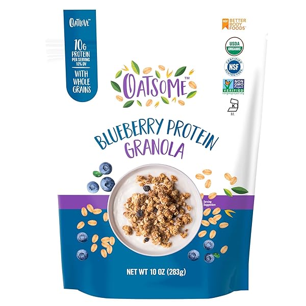 OATSOME BLUEBERRY PROTEIN GRANOLA, 10G PROTEIN, GLUTEN FREE, MADE WITH WHOLE GRAIN ORGANIC OATS, REAL BLUEBERRIES, & HEMP SEEDS, FOR PROTEIN SNACKS CEREALS BREAKFAST YOGURT, 10 OZ BAG
