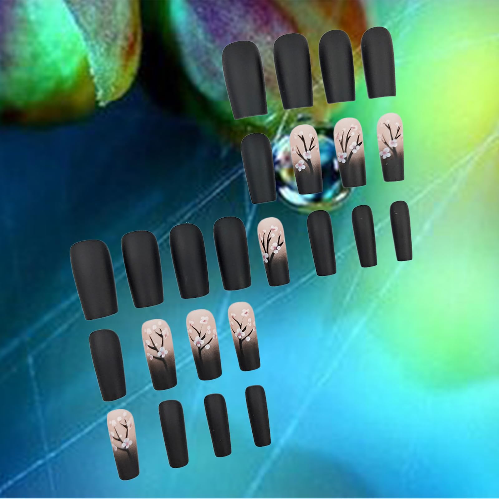 Winter Flower Press on Nails Black Gradient Medium Square False Nails 24 Pcs Glossy Pink Plum Blossom Acrylic Fake Nails Gel Glue on Nails Black French Tips Stick on Nails for Coquette Women Girls - Image 8