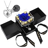 Preserved Blue Real Rose Flowers in Box with I Love You in 100 Languages Necklace - Unique Gift for Women Mom Wife Girlfriend on Mother's Day Valentine's Day, Birthday, Christmas