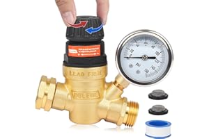 OULEME RV Water Pressure Regulator Valve with Handle Adjustable, Silicone Oil Gauge, Double Filters, Brass Lead-Free and 3/4" Connector for Camper Travel Trailer Water Pressure Control
