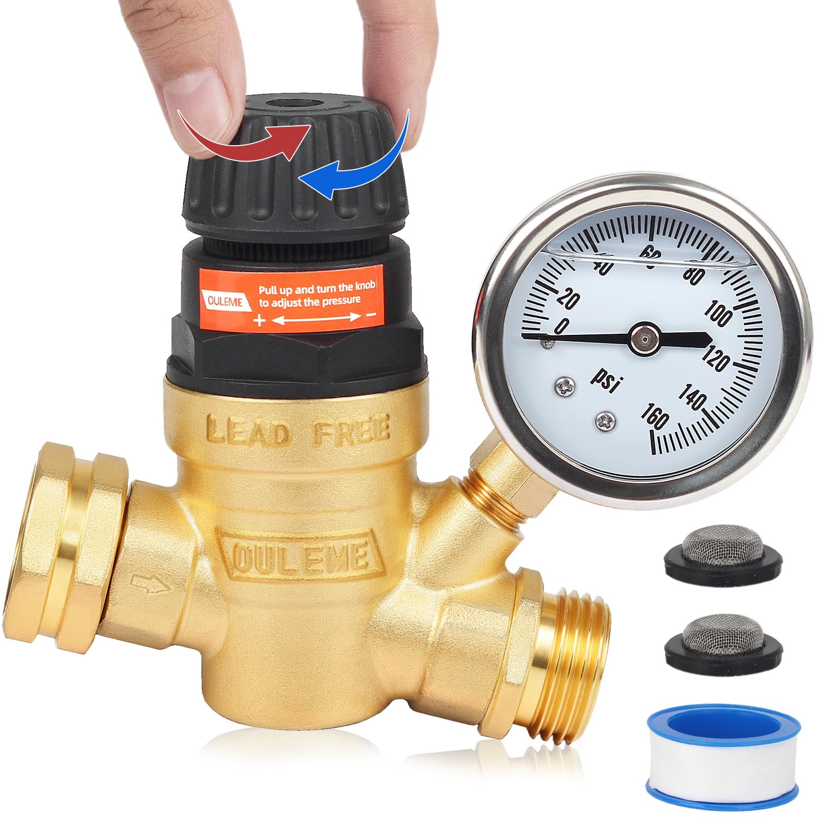 Photo 1 of OULEME RV Water Pressure Regulator Valve with Handle Adjustable, Silicone Oil Gauge, Double Filters, Brass Lead-Free and 3/4" Connector for Camper Travel Trailer Water Pressure Control