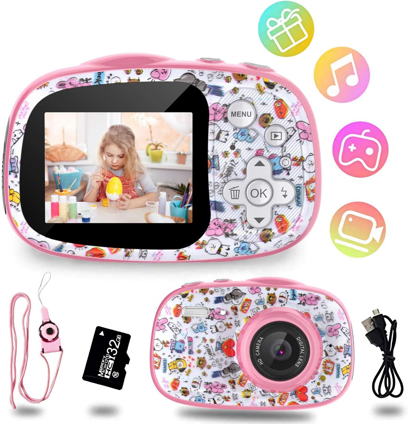 BJLBOJEY Kinder Kamera, 12MP 1080P HD Video Digitalkamera für Kinder, 2,0 Zoll-Display mit 32GB TF-Karte,MP3/MP4/Spiele,Fotoapparat Kinder Geschenk für 4-12 Jahre alte Jungen und Mädchen, Mini-Rosa