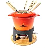 The Melting Pot Cast Iron Ombre Fondue Set – 1.6L Fondue Pot with Burner, Forks & Wood Base for Meat, Cheese & Chocolate Dipping