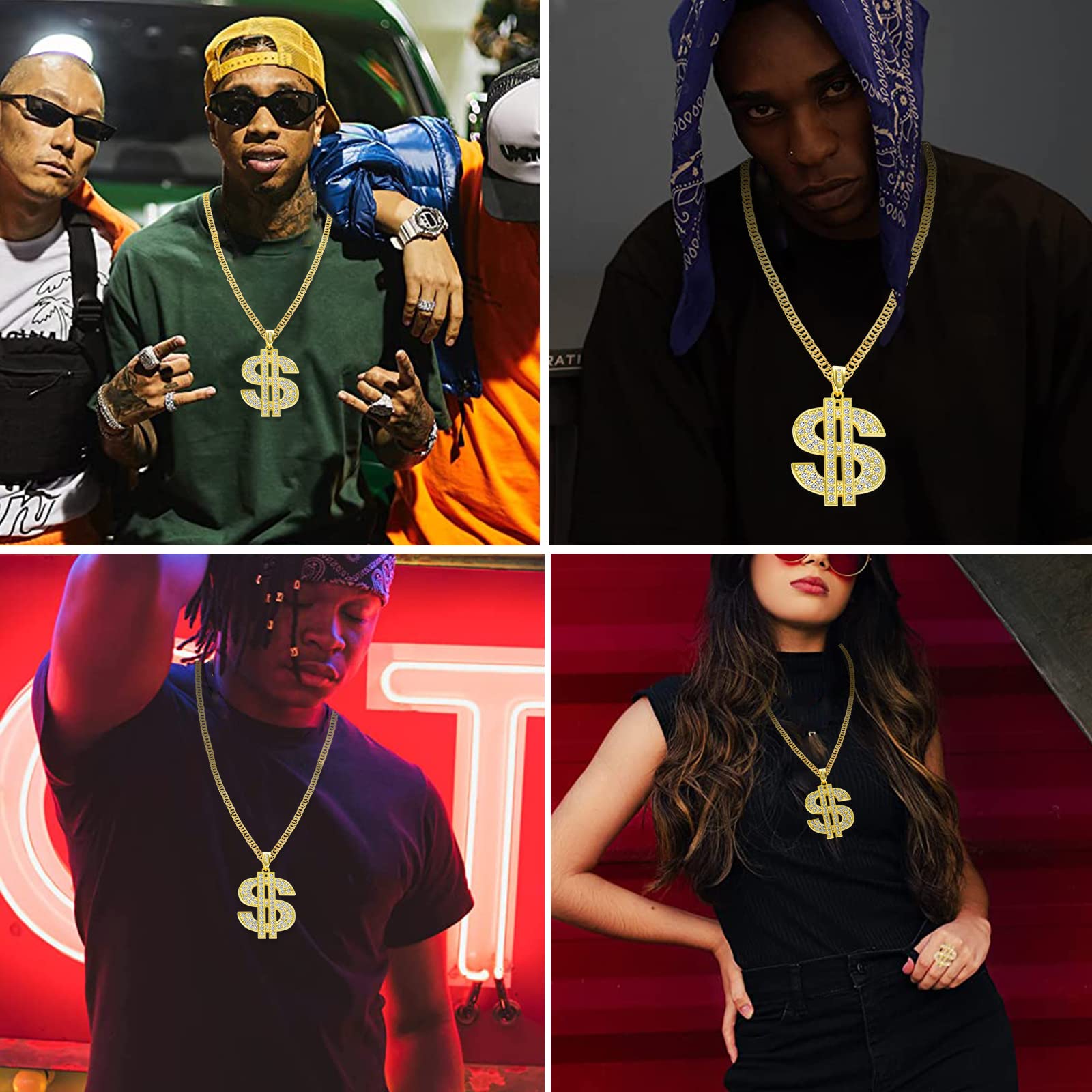 PinCute 18K Gold Plated Dollar Chain Necklace, Fake Gold Chain for Men, Dollar Sign Hip Hop Chain Necklace Pendant for Men and Women