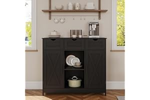Viaozutis Storage Cabinet, Coffee Bar Cabinet with 2 Adjustable Shelves, 3 Drawers, and 2 Doors, for Bathroom, Kitchen, Living Room (Black)
