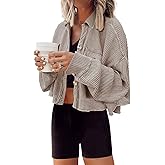 Panadila Women's Cropped Waffle Knit Shacket Short Button Down Jacket Batwing Sleeve Shirts with Pocket