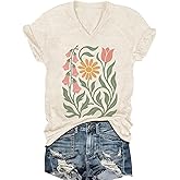 Womens V-Neck T-Shirt Flower Graphic Tees Summer Fashion Boho Tops Tshirts Loose Casual Wildflower Beach T Shirts
