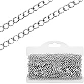 30 Foot Stainless Steel Curb Chains 3mm Silver Link Chain Metal Twist Chain Extender for Jewelry Making Bracelet Necklace Chains Roll for Pendants Making DIY Craft