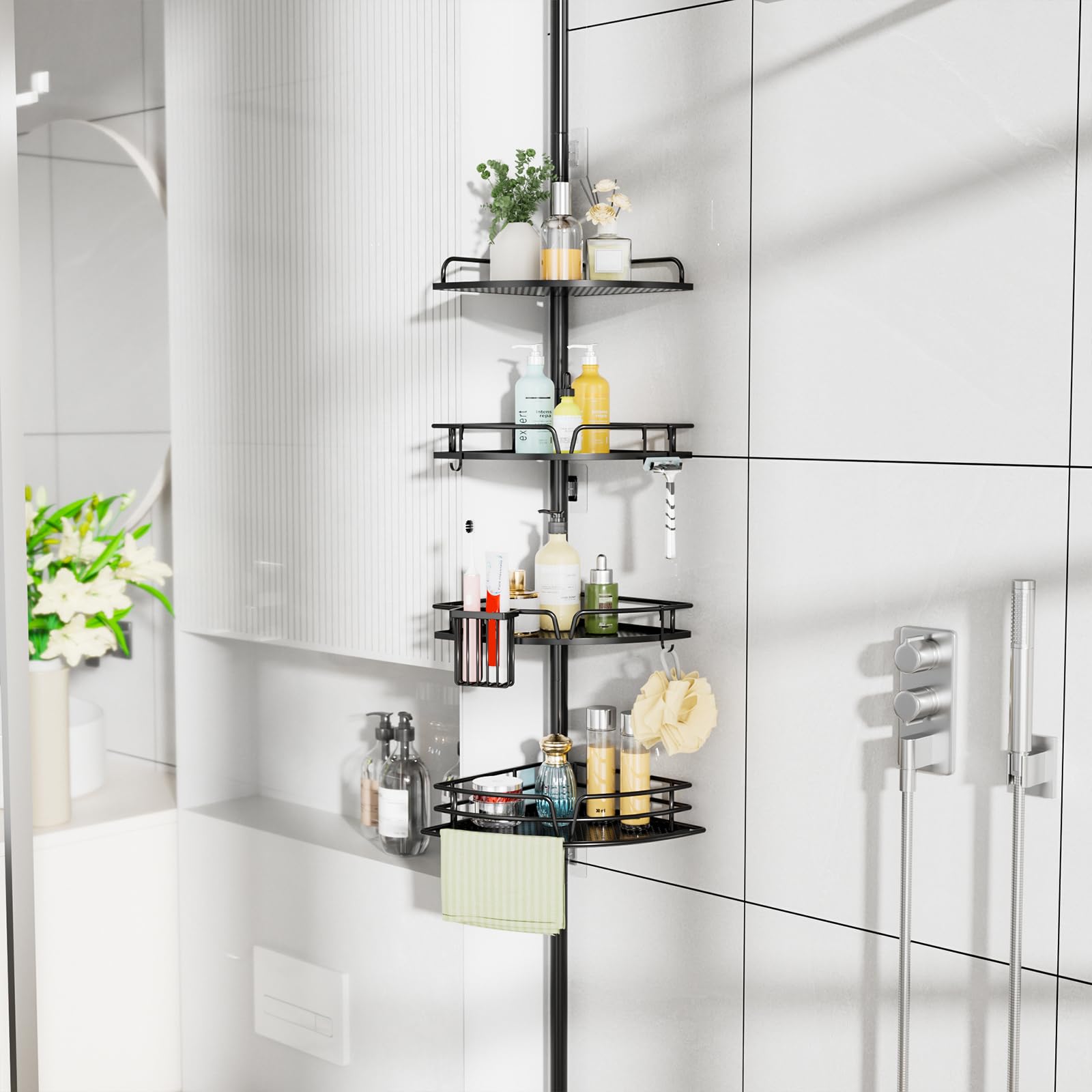 Photo 1 of HapiRm Corner Shower Caddy Organizer - Rustproof Shower Organizer Corner with Toothbrush Holder and Hooks, Bathroom Shelf Tension Pole Available for 27.6 to 108.3 Inch - Black