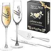 Mr and Mrs Champagne Flutes, Wedding Cake Knife and Server Set, Bride and Groom Champagne Glasses, Cake Cutting Set for Wedding, Bridal Shower Gifts, Engagement Gifts for Couples (Silver, Set of 4)