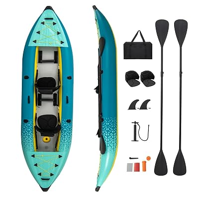 S AFSTAR Inflatable Kayak, 2 Person Canoe with 507 lbs Capacity, Drop-Stitch Floor, All Accessories & Carry Bag, 12.5 ft Large Sit in Tandem Kayak for Fishing, Camping & Exploring for Adults (Green)