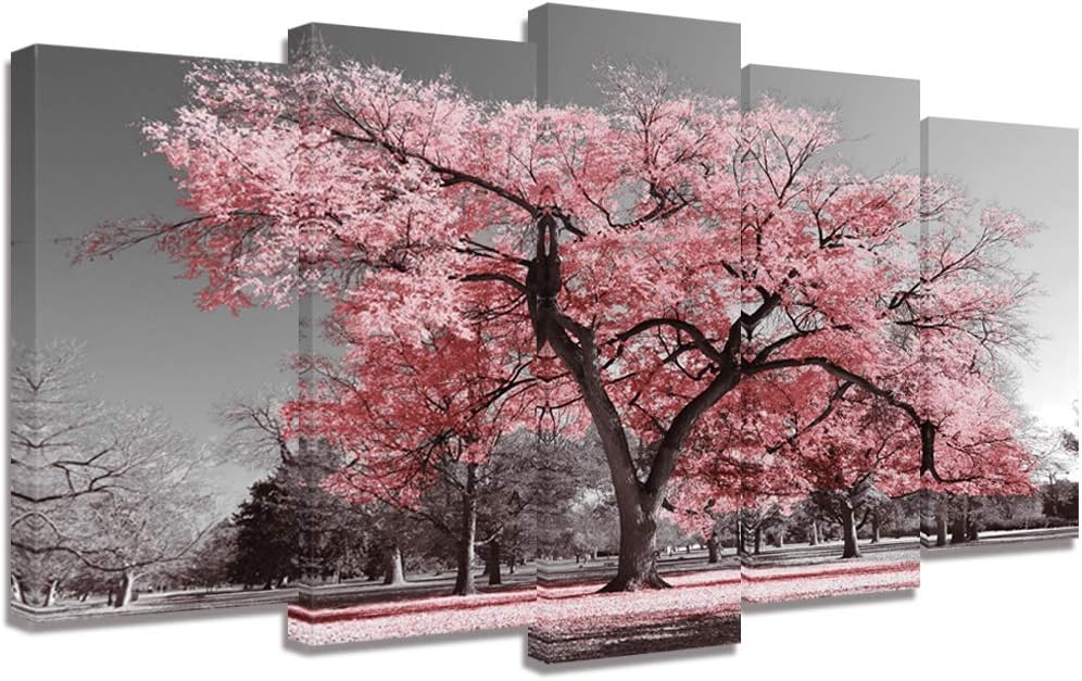 Visual Art Decor Large 5 Pieces Black and White Canvas Wall Art Pink Tree Landscape Picture Prints Framed and Stretched Painting Wall Decoration for Modern Living Room Office (5 Pieces)