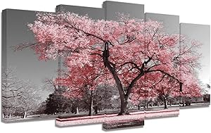 Visual Art Decor Large 5 Pieces Black and White Canvas Wall Art Pink Tree Landscape Picture Prints Framed and Stretched Painting Wall Decoration for Modern Living Room Office (5 Pieces)