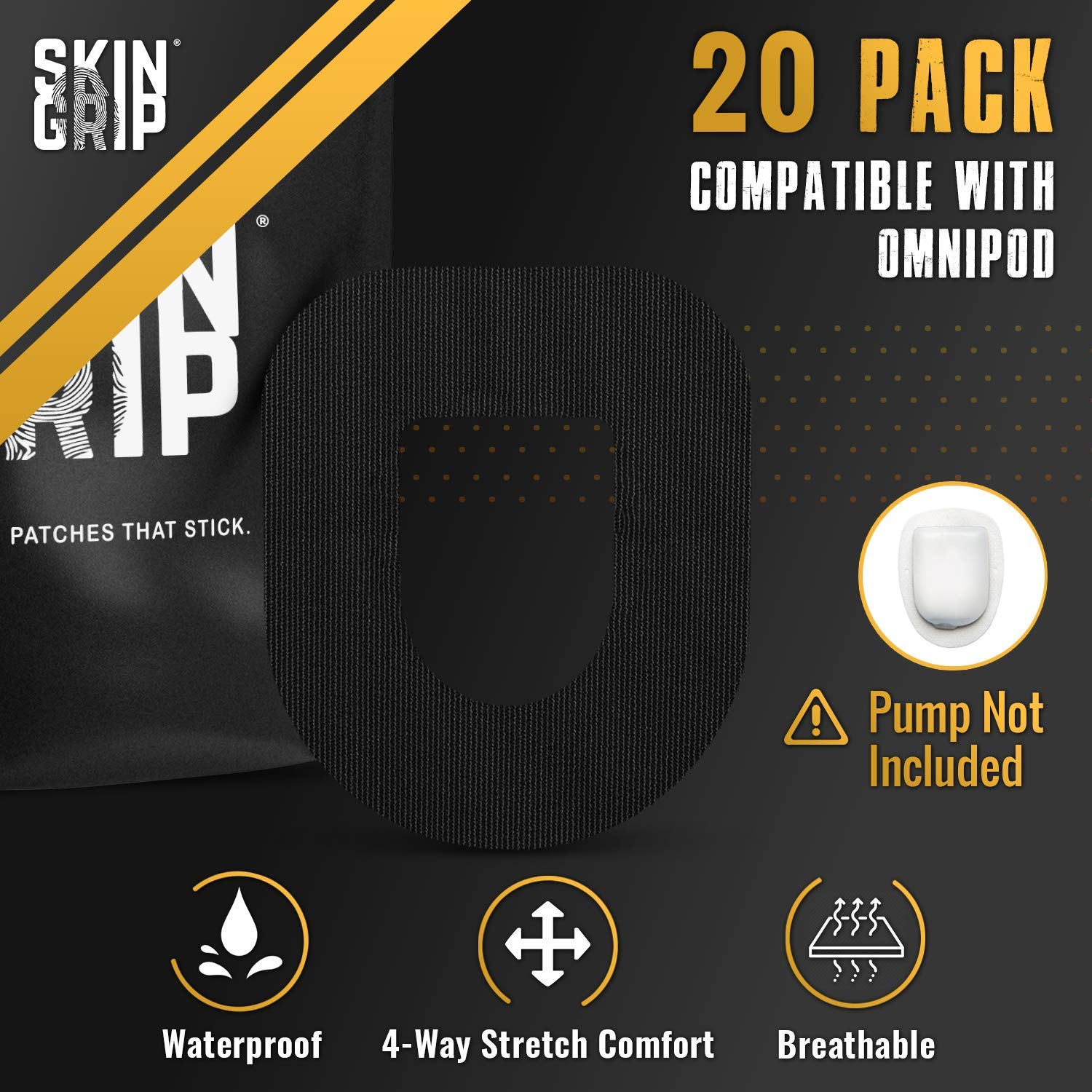 Skin Grip Insulet Omnipod 5 Adhesive Patches Waterproof & Sweatproof (Also Fits Omni pod Dash), Pre-Cut Medical Tape, Ultimate Insulin Pump Protection, Diabetic Sensor Covers, 20-Pack, Black