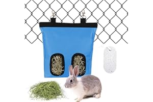 YOLAGGOY Rabbit Hay Feeder Bag, 2 Holes Hay Hanging Feeder Storage for Rabbit Small Animal Chinchilla, 600D Oxford Cloth Fabric with 1 Molar Stone(Blue)