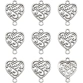 FASHEWELRY 100Pcs Antique Silver Filigree Heart Charm Links Tibetan Double Loops Love Heart Pendant Connectors 19x14.5mm for DIY Jewelry Making