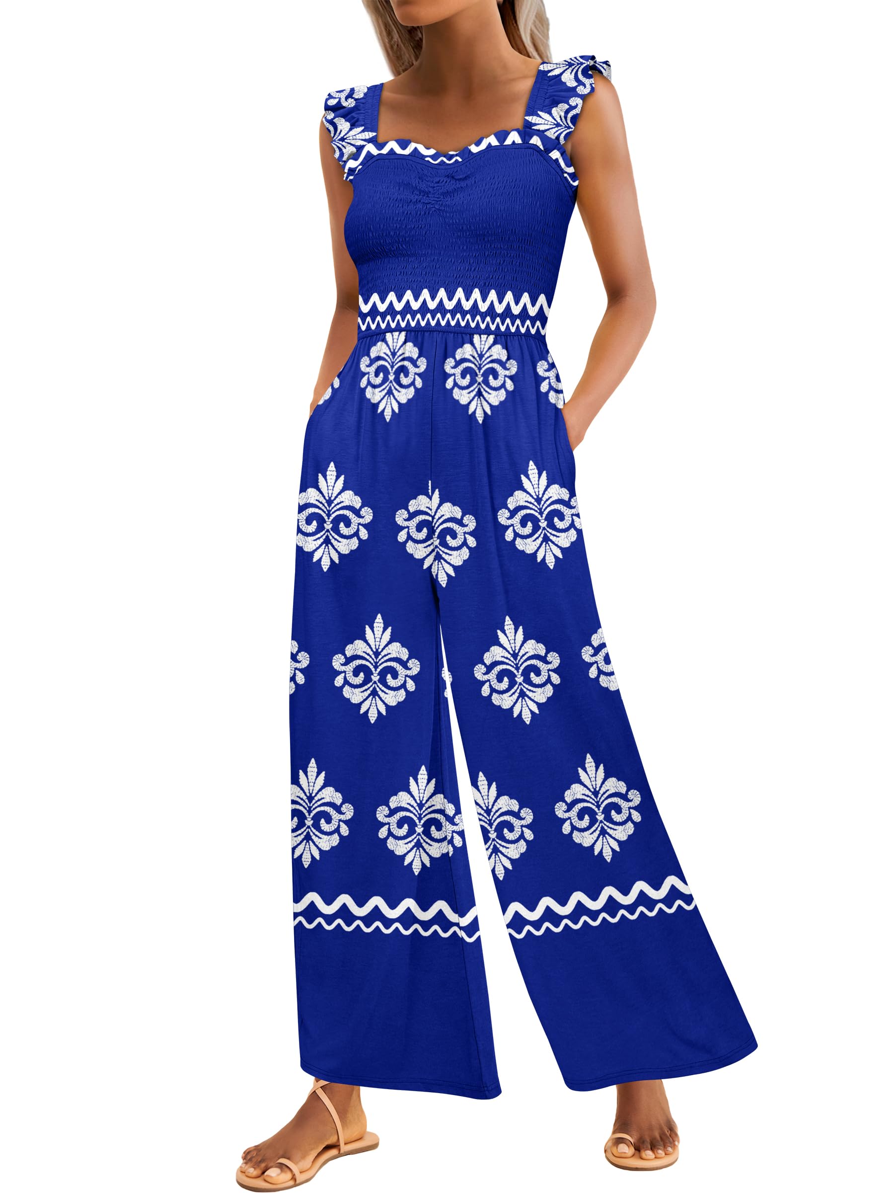 Photo 1 of Caracilia Womens Jumpsuit Sleeveless Casual Dressy Smocked Wide Leg Rompers Summer Vacation Jumpers with Pockets 2025 Outfits Blue White Floral Large