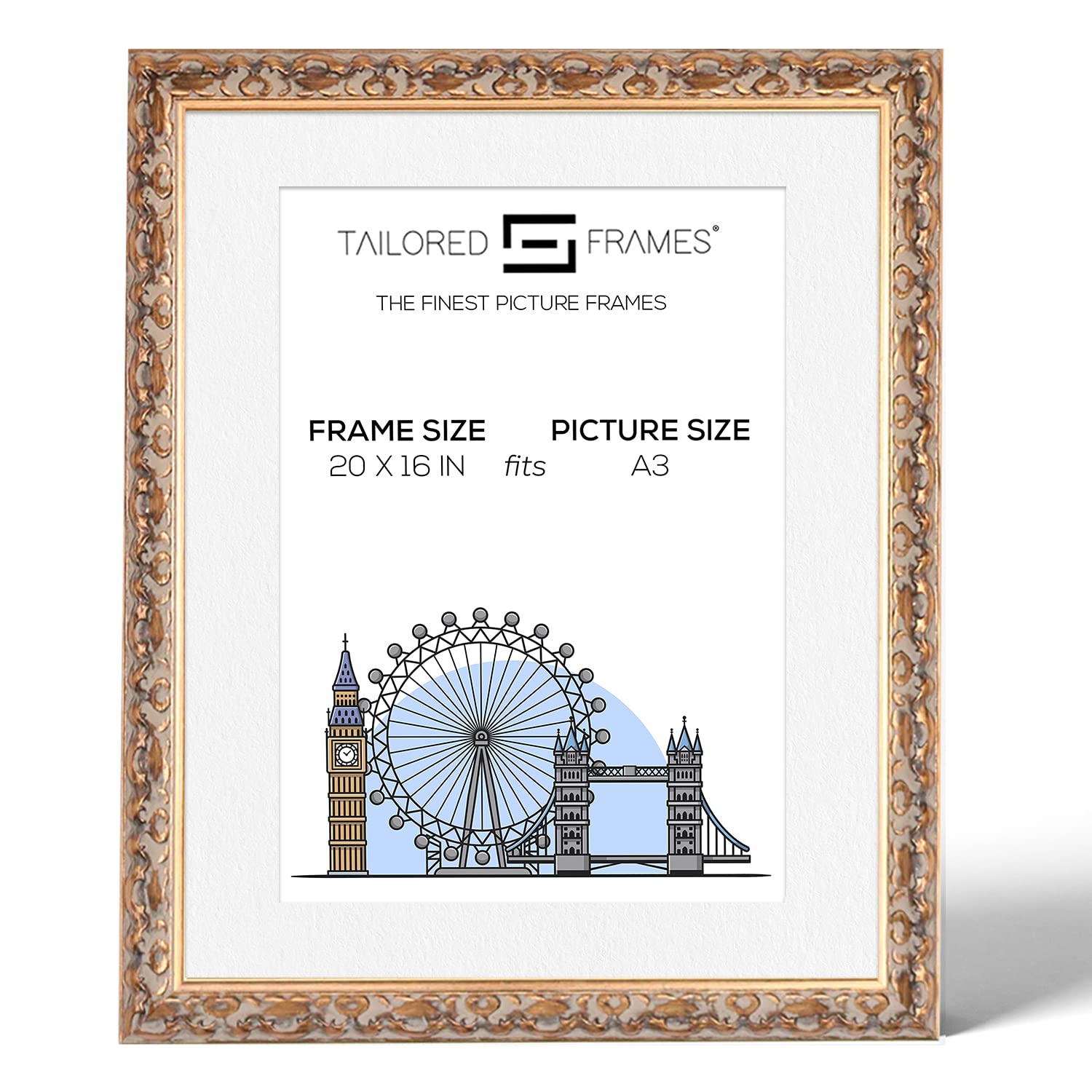 Tailored Frames Vienna Gold 20" x 16" Frame for A3 Picture | Rustic Style Vintage Single Picture Frame | Wall Hanging Type | Photo Frame with White Mount