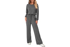 dowerme Women's One Piece Jumpsuits 2024 Long Sleeve Scoop Neck Drawstring Long Rompers Loose Knit Overalls With Pocket