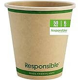 Responsible Products Certified Compostable 6 oz Paper Cups, Cold & Hot Coffee Cups, Disposable Paper Cups, Extra Strength Disposable Cups, Made without PFAS (50 count)