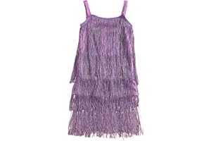 WALLARENEAR Kids Sequin Fringe Dress Sparkling Tassel Sleeveless Dress Little Girls Dance Wear Party Latin Dance Dress 1-10Y