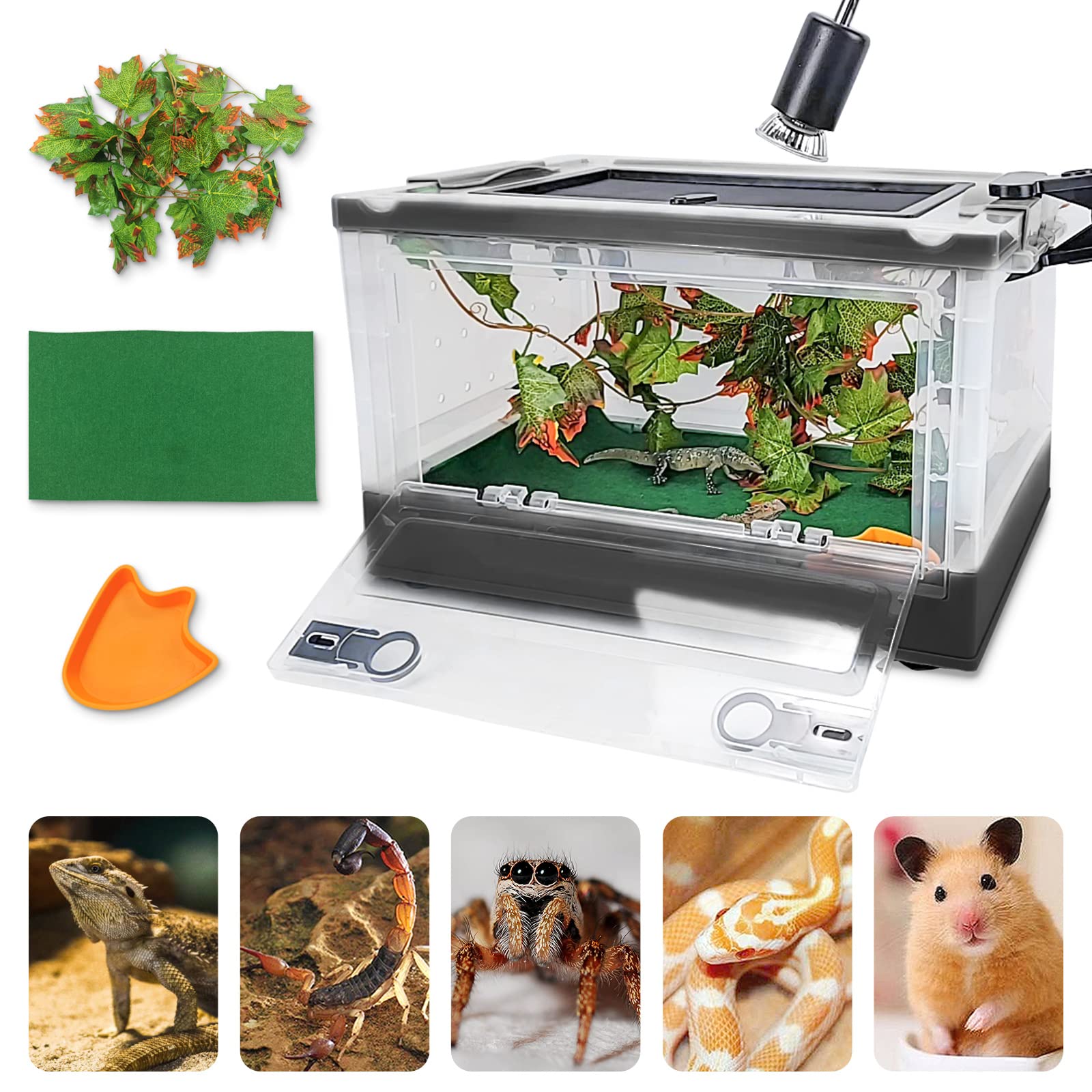 Photo 1 of RunDuck Foldable Reptile Terrariums Kits with Plant, Feeding Bowl, Carpet, Easy to Carry, Easy to Move with Wheels, Heat-Resistant Material, Suitable for Lizard Tortoise Leopard Gecko (Black)