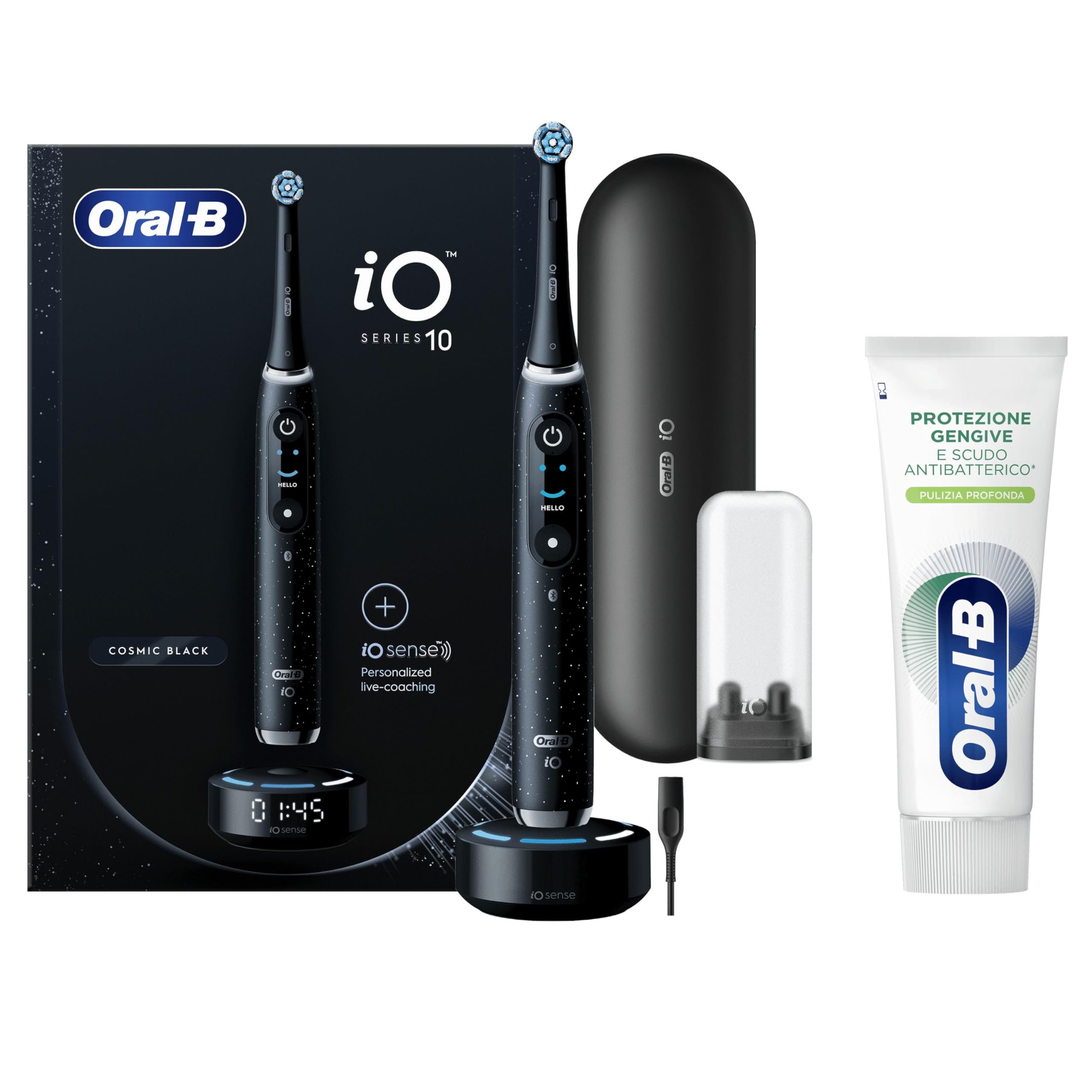 Oral-B Spazzolino Elettrico Ricaricabile iO 10 Nero + 1 Testina, 1 Custodia Da Viaggio ricaricabile, 1 Caricatore iO Sense, 1 Spazzolino + Dentifricio Protezione Gengive Pulizia Profonda 75ml