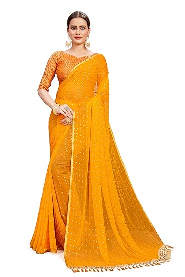 Womens Georgette Chiffon Blend Striped Saree with Blouse Piece (YELLOW)