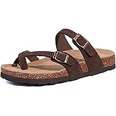 Litfun Women's Genuine Suede Cork Footbed Sandals Comfortable Summer Slides with Adjustable Buckle