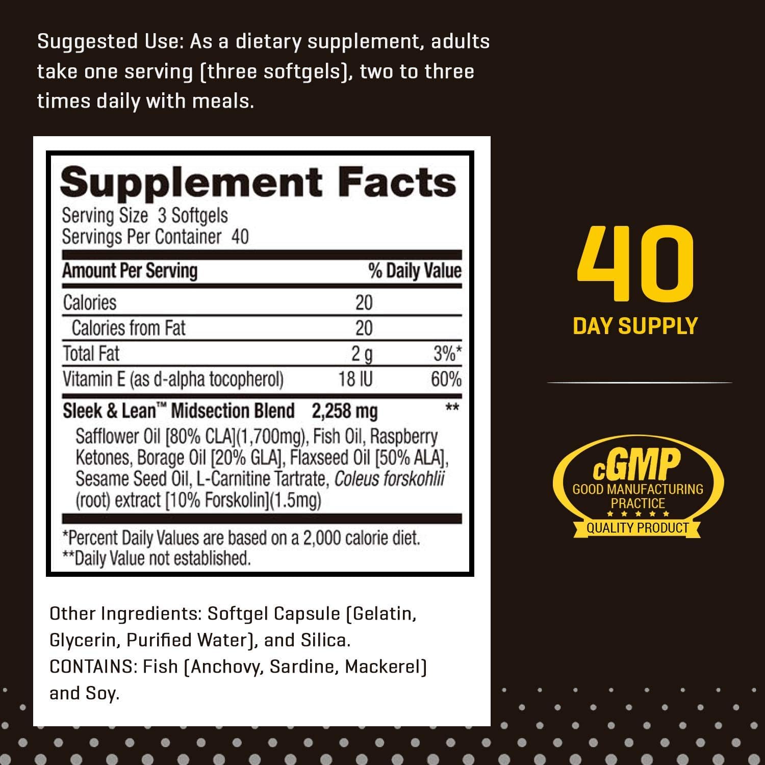 Ab Cuts Sleek and Lean Midsection Solution, Fat Burner for Men and Women, Lean Muscle, CLA, Fish Oil, Flaxseed Oil, L-Carnitine, 120 Softgels: Health & Personal Care