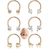 LOAYHOAY 6Pcs 16G Surgical Steel Septum Rings for Women Men Horseshoe Septum Nose Rings CZ Cartilage Helix Earrings Hoop Star Heart Septum Piercing Jewelry 10mm